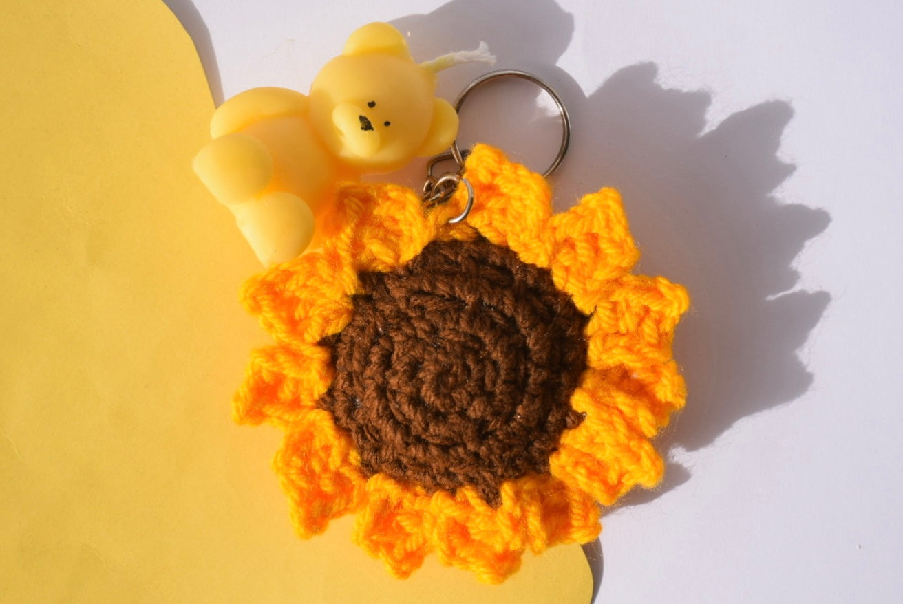 Set of Mini Bear Candle and Sunflower Crochet Keychain