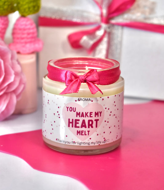 Scented candle jar “you make my heart melt”