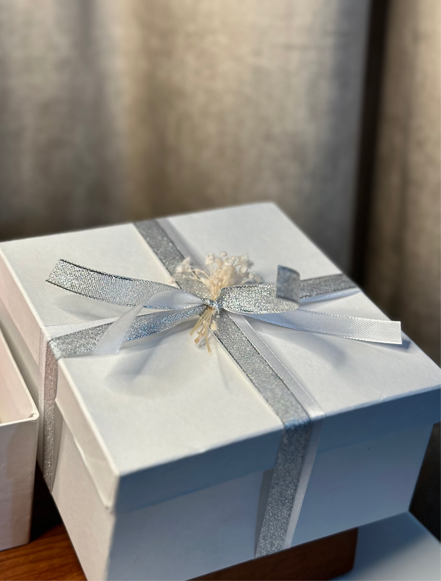 Gift box - With silver & white ribbon embellished with baby breath