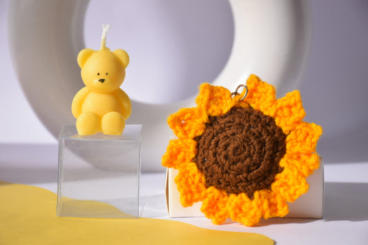 Set of Mini Bear Candle and Sunflower Crochet Keychain