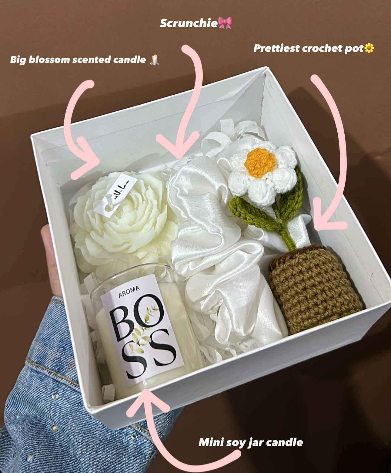 Gift box - With silver & white ribbon embellished with baby breath